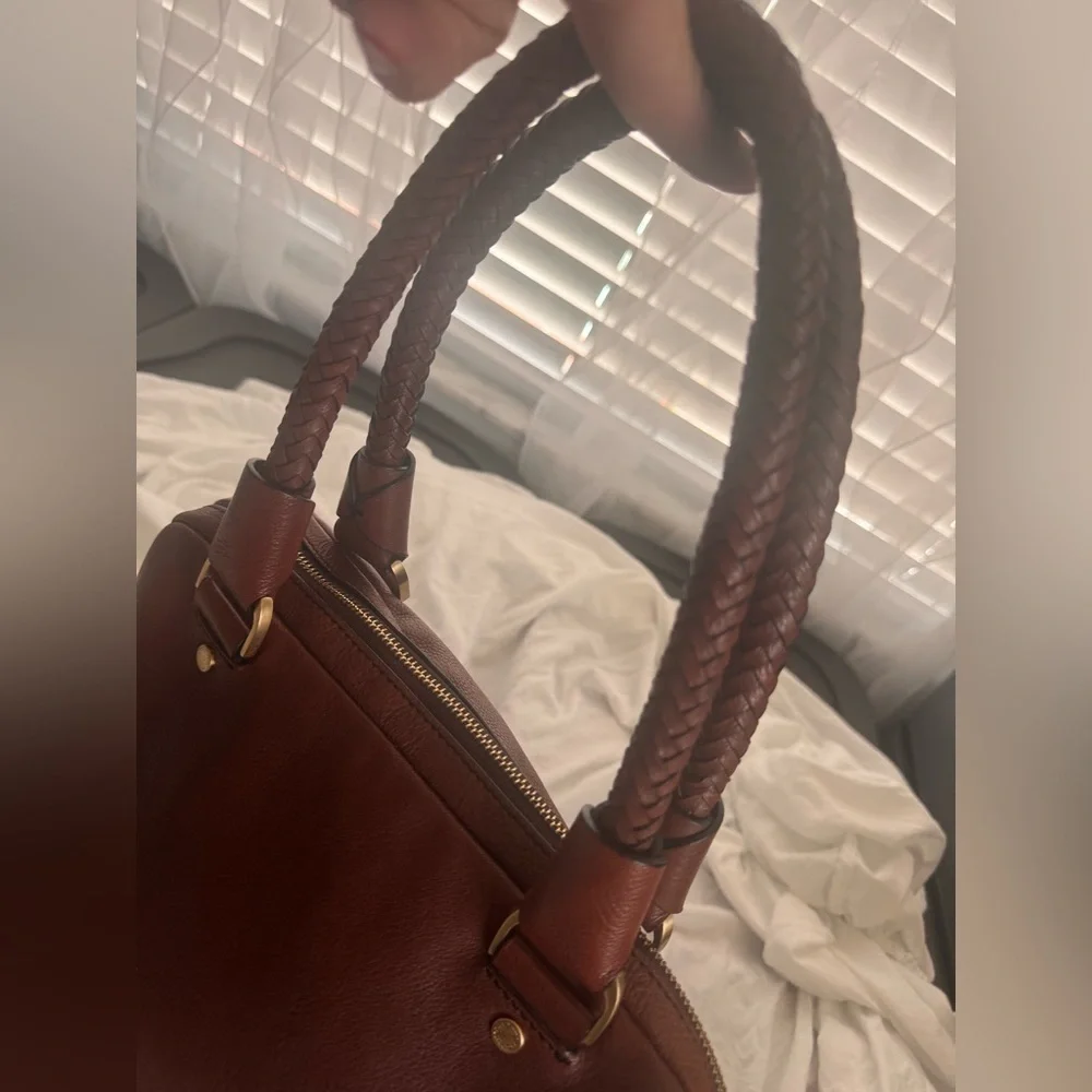 Cole Haan Brown Leather Satchel Braided Handle Top Zip Bag